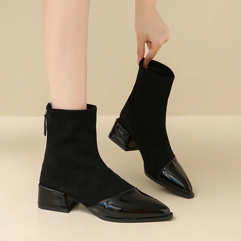 2024 Высококачественная женская обувь Ботильоны женские элегантные современные ботинки женские швейные с острым носком средний каблук сзади молния обувь женская