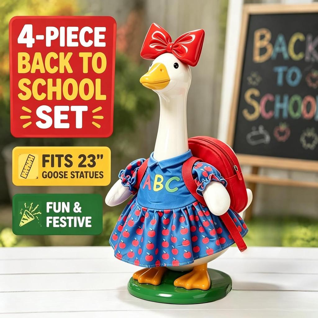 23 Inch Porch Goose Costume Back to School Student Outfit Printed Dress  Hat  Backpack  Pencil Accessories for Outdoor Garden Yard Lawn Decor