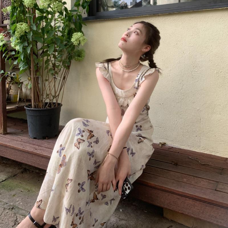 Лето 2025 года, модное повседневное длинное платье с принтом Bufferfly, женское модное шикарное платье с оборками и квадратным воротником, корейское элегантное облегающее платье