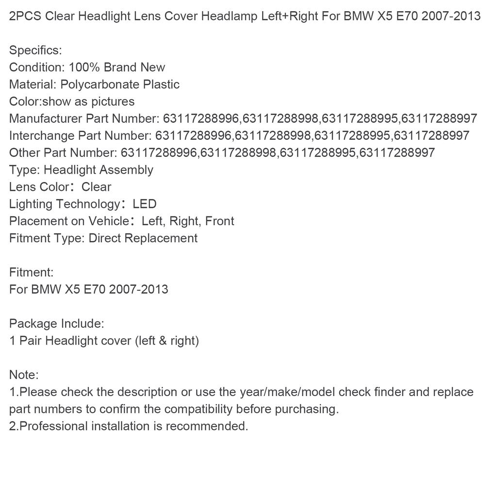 2PCS Clear Headlight Lens Cover Headlamp Left+Right For BMW X5 E70 2007-2013