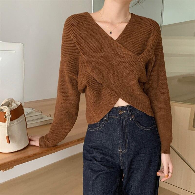 Осенний свободный женский вязаный свитер с v-образным вырезом, винтажные офисные женские пуловеры, свитера, женские зимние корейские нерегулярные трикотажные изделия 28576