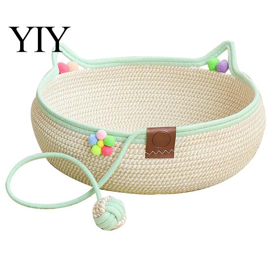 Indoor Cat House for Kittens Handwoven Cotton Rope Bed, Scratchable Sleeping Basket, Cute Ear Pet Basket Breathable Round Cats And Puppies Natural