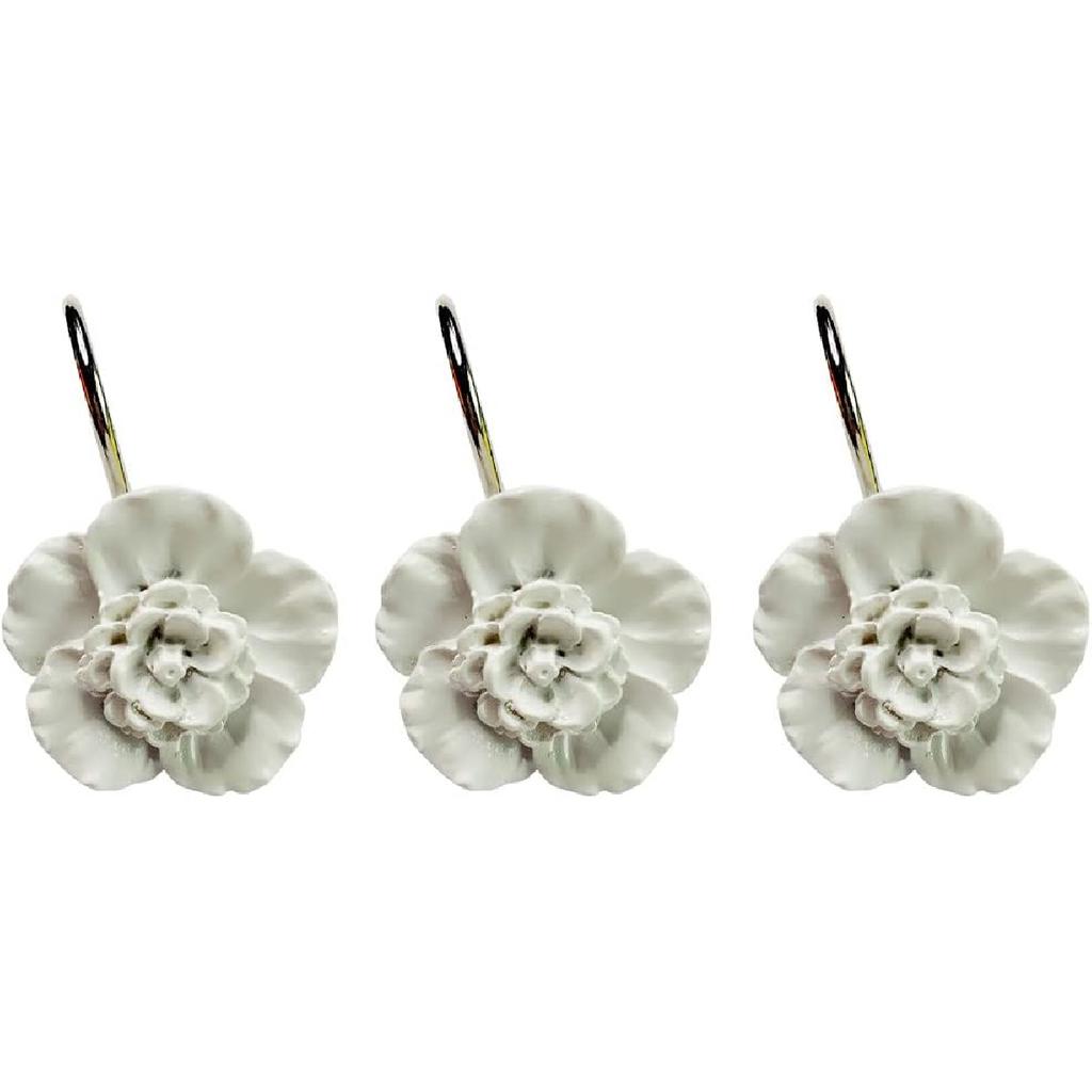Twofishes Крючки для шторки для душа с белыми цветами, набор из 12 штук, домашняя мода, декоративные, нержавеющие, кольца для шторки для душа с белыми цветами, упаковка из 12 штук