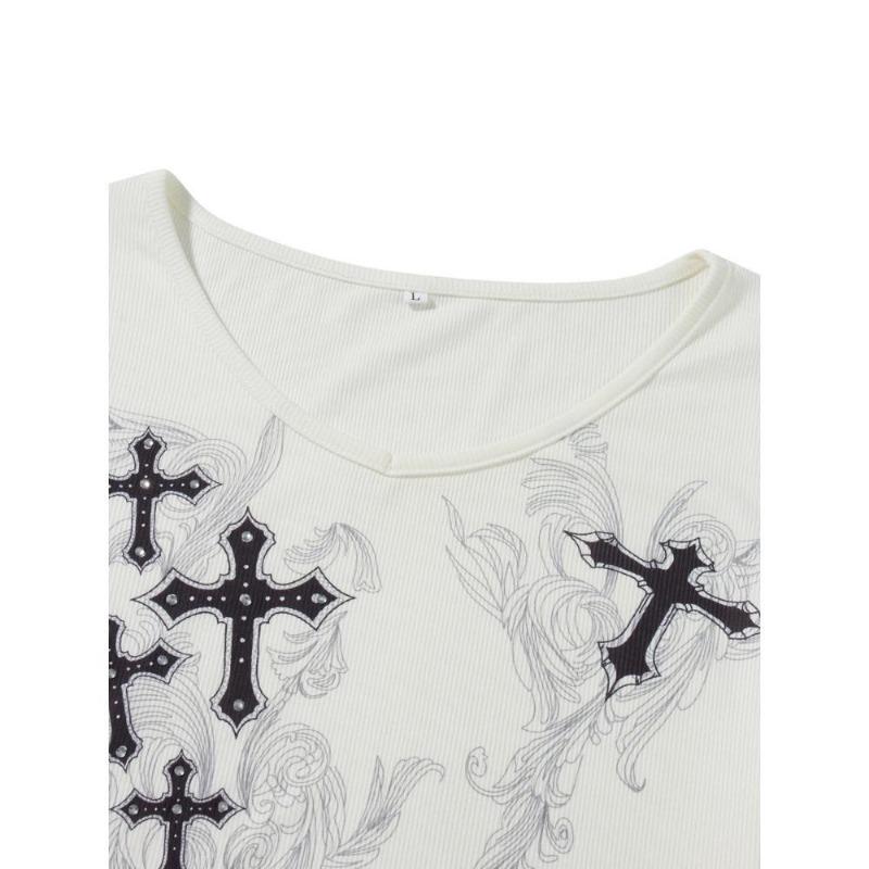 2KWEIRD Y2k Графический принт креста и крыльев Женская футболка с длинным рукавом Гранж Фея Футболка Харадзюку Эстетика 2000-х Панк Стиль Одежда Уличная одежда