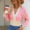 Women's Short Knitted Cardigan Autumn Winter Houndstooth Jacquard Loose V-neck Lantern Sleeve Knitted Sweater Coats for Women