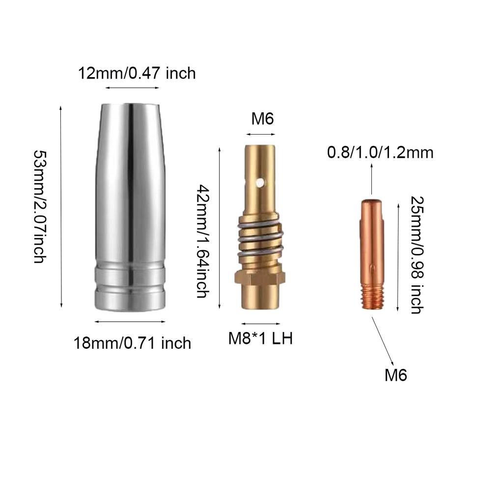 13pcs15AK Welding Torch Consumables 0.8mm/1.0mm/1.2mm Gas Nozzle Tip Holder of 15AK MIG MAG M6