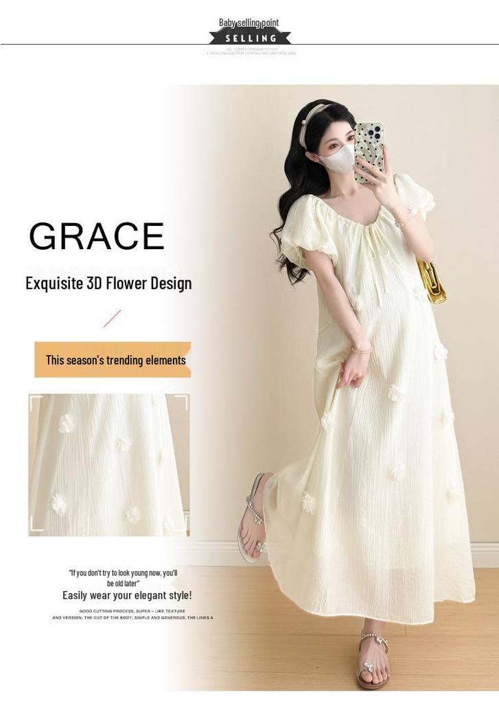 2026 Summer Korean Style Puff Sleeve Knee-Length Maternity Dress