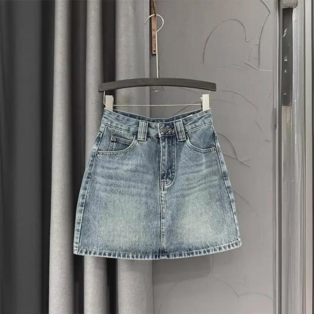 Women's 2024 High-Waist Retro Blue Denim Skirt - Slimming Summer Design for Petite Figures