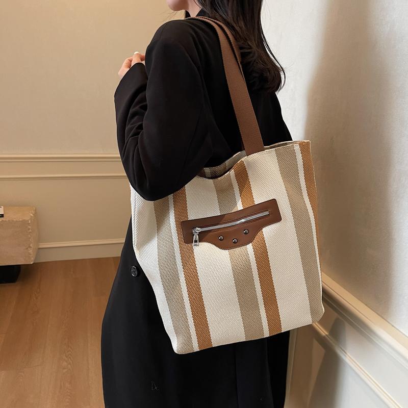 Tote Bag Women's Striped Canvas Shoulder Bag Student Class Hand Bag
