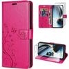 Case for Samsung Galaxy A36 5G - BOOLING - Fuchsia Synthetic Leather Butterfly Flower Pattern - 2 Tempered Glasses