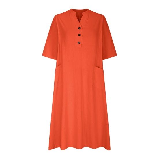 Летнее весеннее платье с карманами, застегивающимся на пуговицы V-образным вырезом, плиссированным свободным А-образным подолом, короткими рукавами, однотонным платьем миди для повседневной носки, вечеринок, свиданий