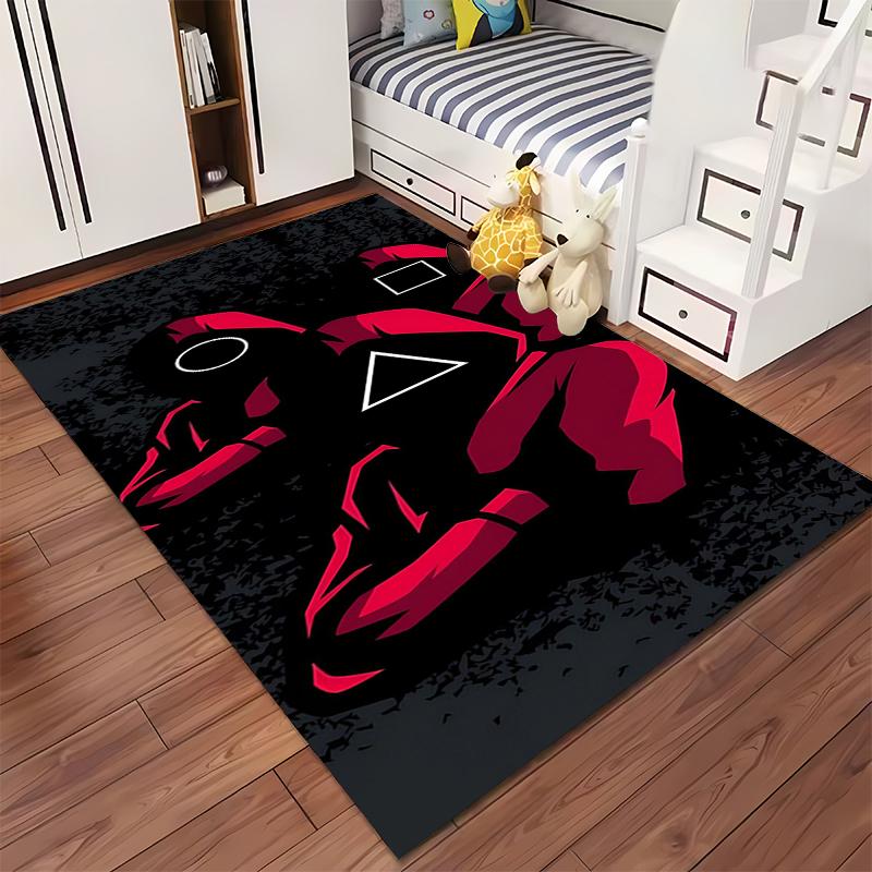 Red Guards Pattern Rug with Geometric Symbols on Black Background Suitable for use as an anti-slip for living room bedroom sofas
