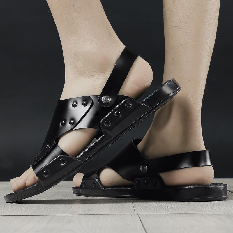 Летние мужские сандалии из натуральной кожи, модные высококачественные туфли на плоской подошве, дышащая повседневная обувь, черные пляжные тапочки