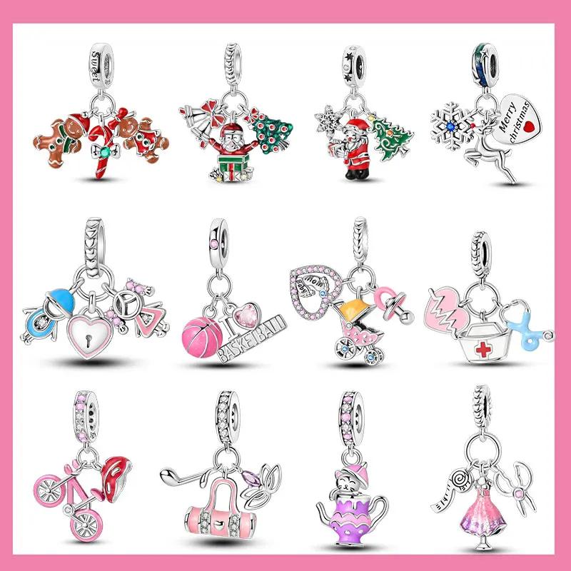 Изысканные модные медного цвета шармы-подвески в виде Санта-Клауса, рождественской елки, лося, оленя, бусины, подходят для оригинальных браслетов, рождественские украшения своими руками