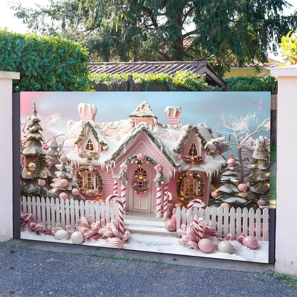 2D flat 1pc pink Christmas house background with candies and snow scenes - banner for holiday parties weddings birthdays