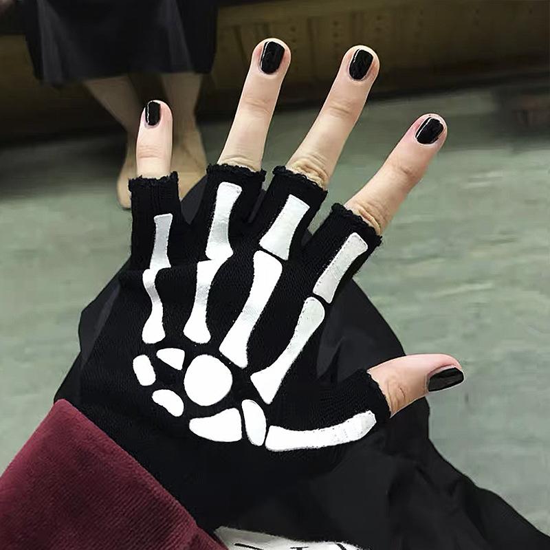 Luminous Halloween Skeleton Skull Gloves Punk Half Finger Gloves Winter Unisex Skull Fingerless Knitted Mitten Glow In The Dark