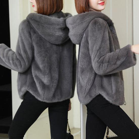 Women Winter Coat Double-sided Thick Cozy Plush Hooded Long Sleeves Zipper Closure Solid Color Cardigan Loose Jacket Outerwear