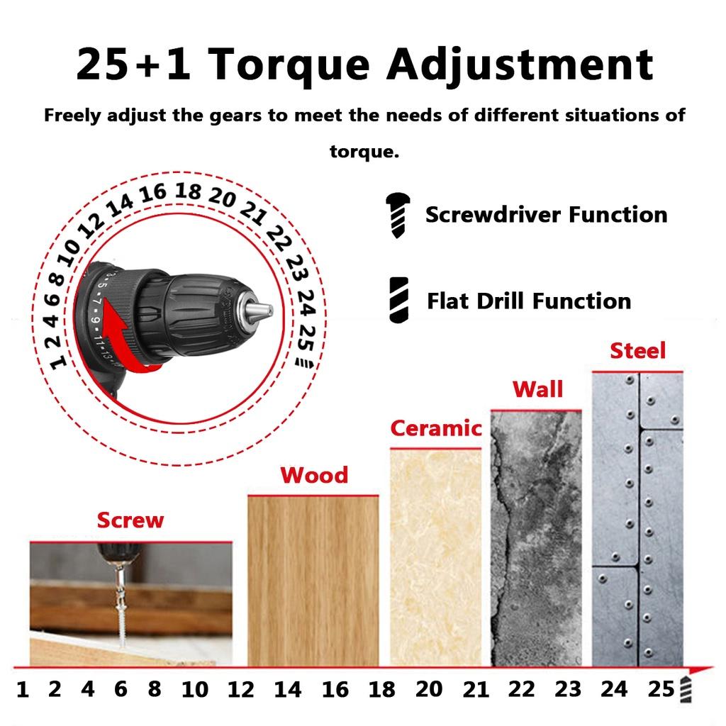 2000W 50N.m Cordless Electric Screwdriver Drill Hammer Variable Speed 3 In 1 Cordless Impact Drill with 2 Batteries