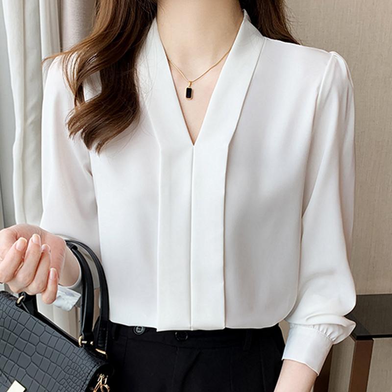 Long Sleeve V-Neck Office Lady White Chiffon Blouse Shirt Women Tops J211
