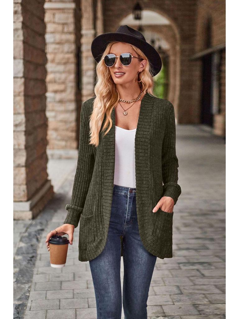 2024 Autumn Striped Solid Color Splicing Long Sleeve Cardigan Jacket