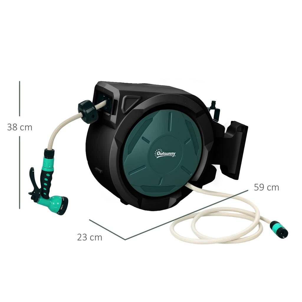 Wall-Mounted Watering Hose Reel 30 m x diameter 15 mm Automatic Retractable Water Hose Reel Automatic Green
