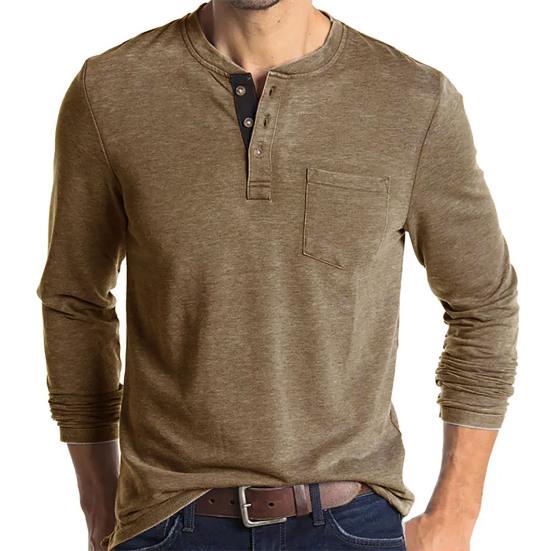 Men O Neck Autumn Winter Solid Color Long Sleeve Pocket Shirt Buttons Neck Pullover Top for