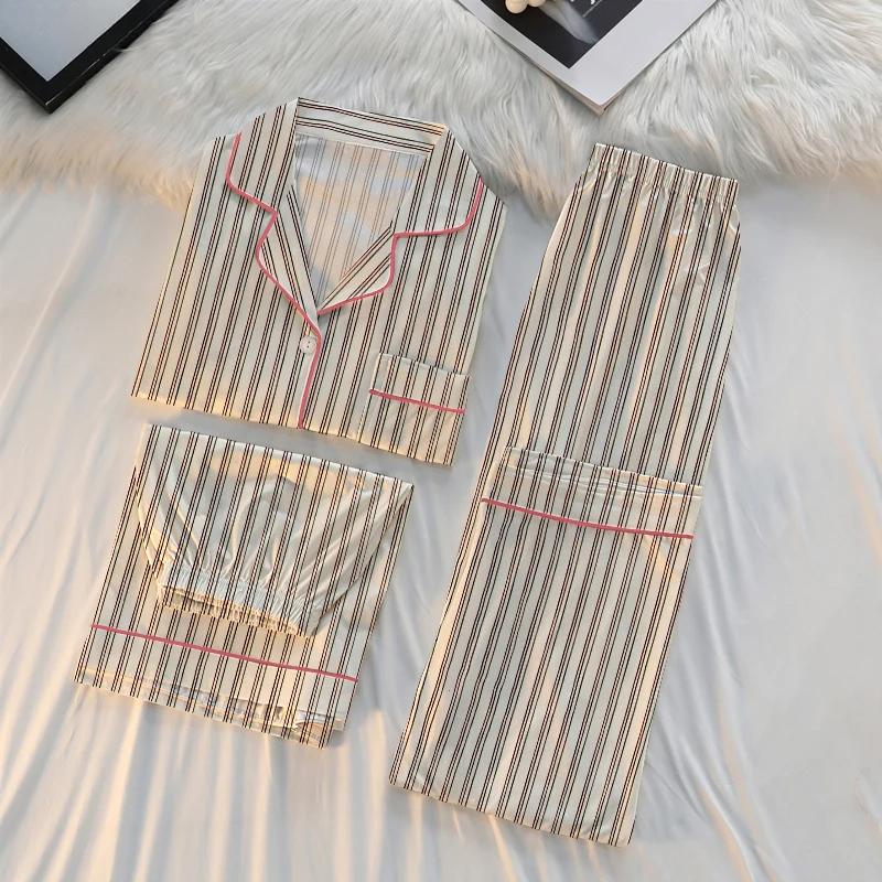 Harajuku Simple Style Женская пижама из 3 предметов в полоску, модная ночная рубашка из молочного шелка, новая осенняя домашняя ночная рубашка