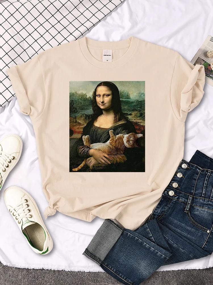 Mona Lisa T Shirts Funny Cat Lovely Cute Printed TShirt for WomenS Crewneck Gothic Women Tshirt Casual Female Tee Shirts