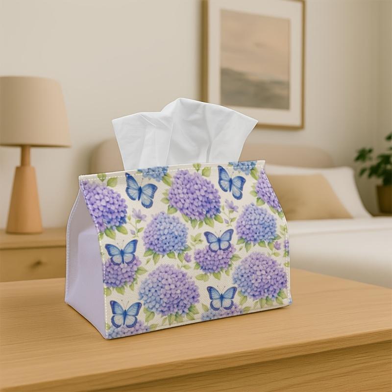1pc Classic Botanical Decorative Party Tissue Box with Hydrangea Butterfly, Multi-Functional Fabric Tissue Box, Outdoor Party Supplies, Home Daily Des