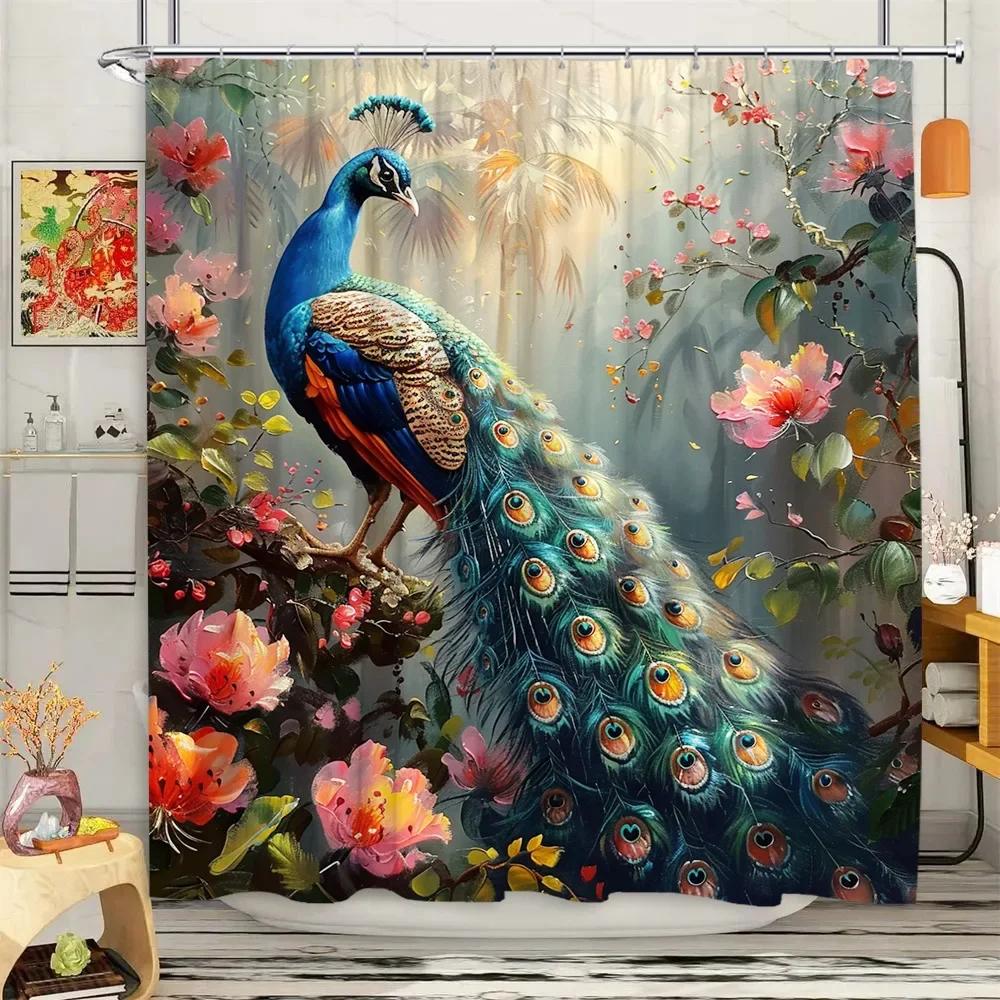 Peacock Shower Curtain Tropical Plant Flower Leaf Landscape Vintage Oil Painting Elegant Polyester Fabric Bathroom Decor Curtain