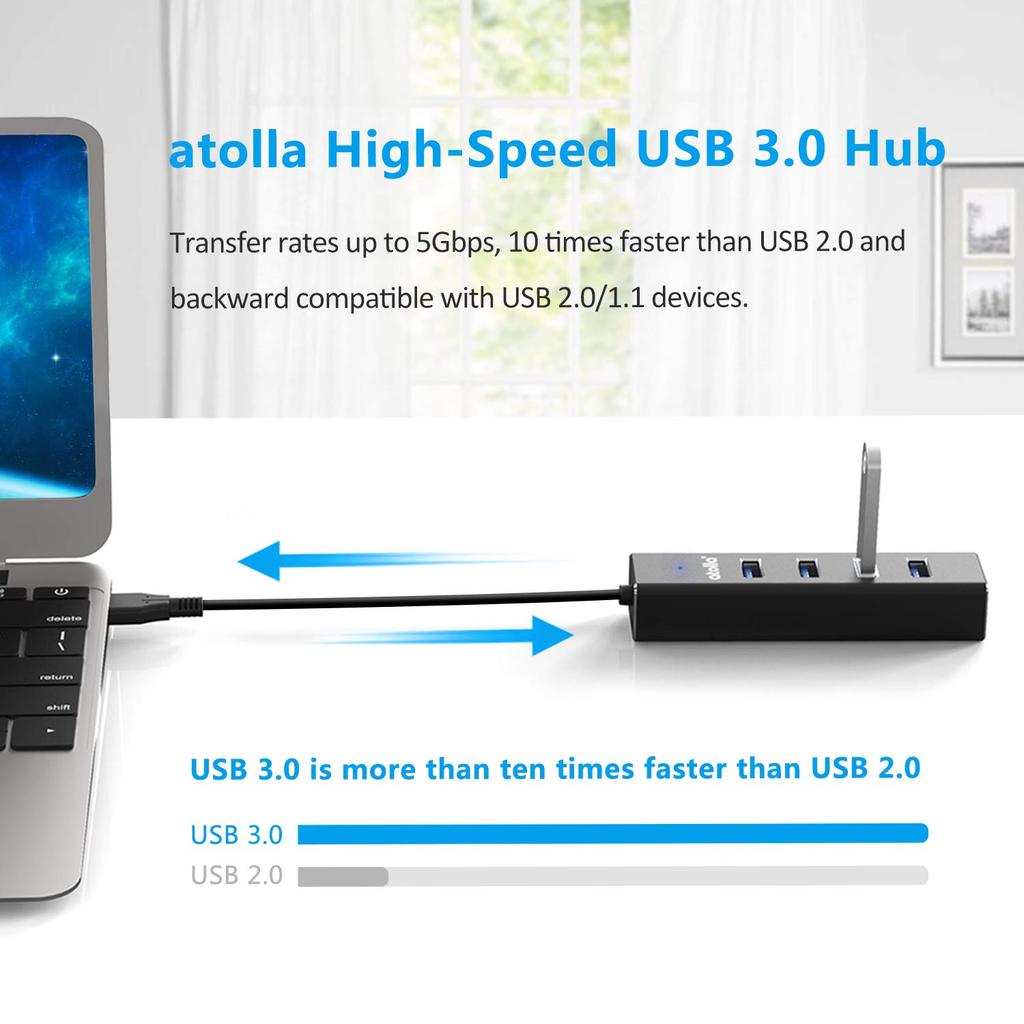 Atolla USB USB Алюминиевый USB-хаб Расширитель 5 Гбит/с Данные Легкий и Совместимый с iPad и для Удаленной Работы, 4-портовый USB 3.0 Хаб, Сплав, Хаб, Высокоскоростной