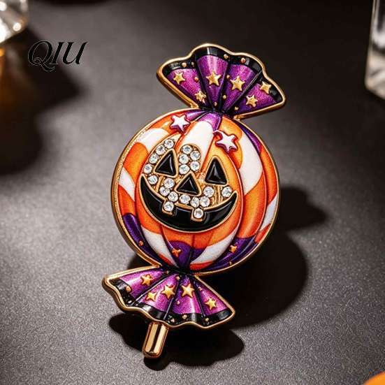 Spooky Costume Decoration Halloween Rhinestone Pumpkin Candy Brooch, Men Women Alloy Lapel Pin, Brooch Sweater Cardigan Coat Clothing Accessories,
