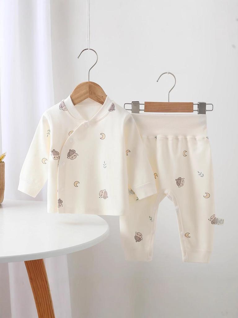Комплект для новорожденных из чистого хлопка, осенне-весенний, с высокой талией и защитой животика