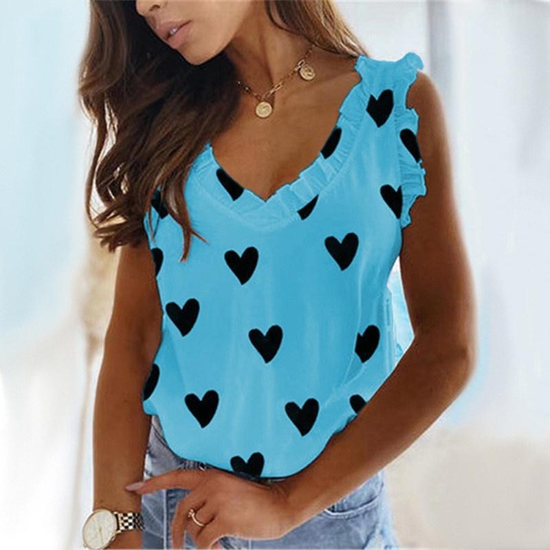 Women's Fashion Summer Casual Clothes V-neck Sleeveless Tops Printed Off Shoulder Camisoles T-shirt Loose Ladies Blouses