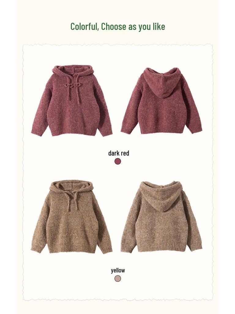 Зимний однотонный худи для девочек 2025 года - Вязаный кардиган из смесовой хлопково-шерстяной пряжи