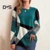 Women Geometric Patchwork Color Tops O Neck Long Sleeve Buttons Decor Casual Blouse Loose Fit Tunic Tops
