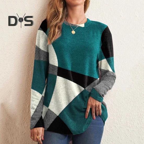 Женские топы с геометрическим узором и лоскутным узором, с круглым вырезом, длинными рукавами, декором из пуговиц, повседневная блузка, свободный крой, туника