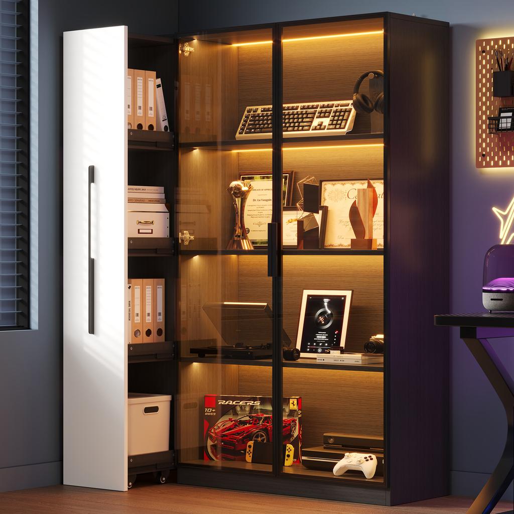 Multifunctional Cabinet 110.5×35×160 cm - Display Cabinet with Glass Door and LED, Side Pull-Out - Design in White and Black, Tall Cabinet