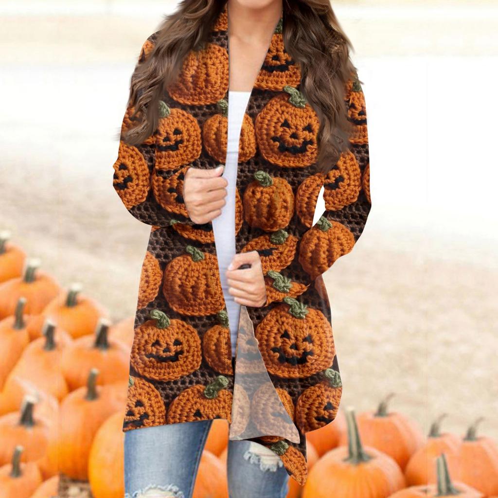 Женская мода повседневная Хэллоуин принтованный длинный рукав кардиган средней длины топы