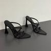 Fashion Summer New Pointy Toe Thin High Heels Slippers Women Narrow Band Luxury Rhinestone Mules Slippers Sexy Crystal Party Shoes Woman