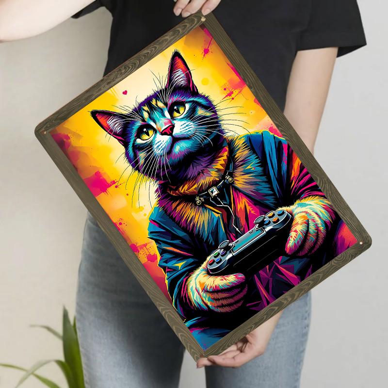 Красочная Металлическая Настенная Картина с Котом-Геймером Современная Декоративная Подвеска для Гостиной Спальни Домашний Декор Художественное Украшение