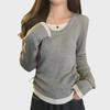 2025 Autumn/Winter Korean Style U-Neck Contrast Color Knitted Long Sleeve Drawstring Top