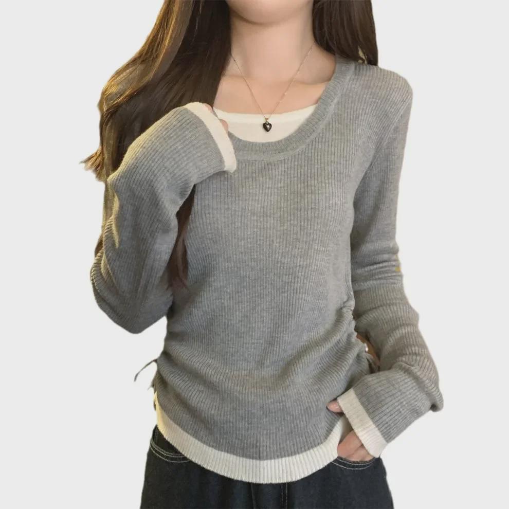 2025 Autumn/Winter Korean Style U-Neck Contrast Color Knitted Long Sleeve Drawstring Top
