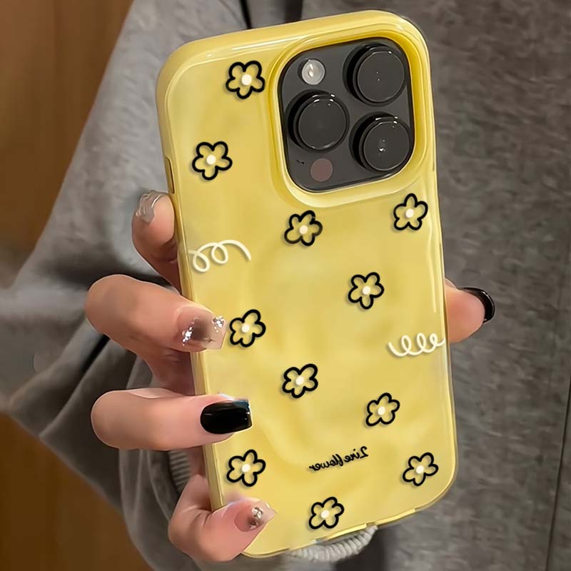 Милый Черный Линейный Цветок Корейский Чехол Для Телефона Для iPhone 16 15 14 Plus 13 12 11 17 Air Pro Max Складки Текстура Кавайный Мягкий Чехол