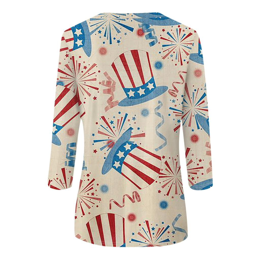 Women's 3/4 Sleeved Shirt Holiday Top Independent Day Pattern T-shirt Casual Basic Top Pullover