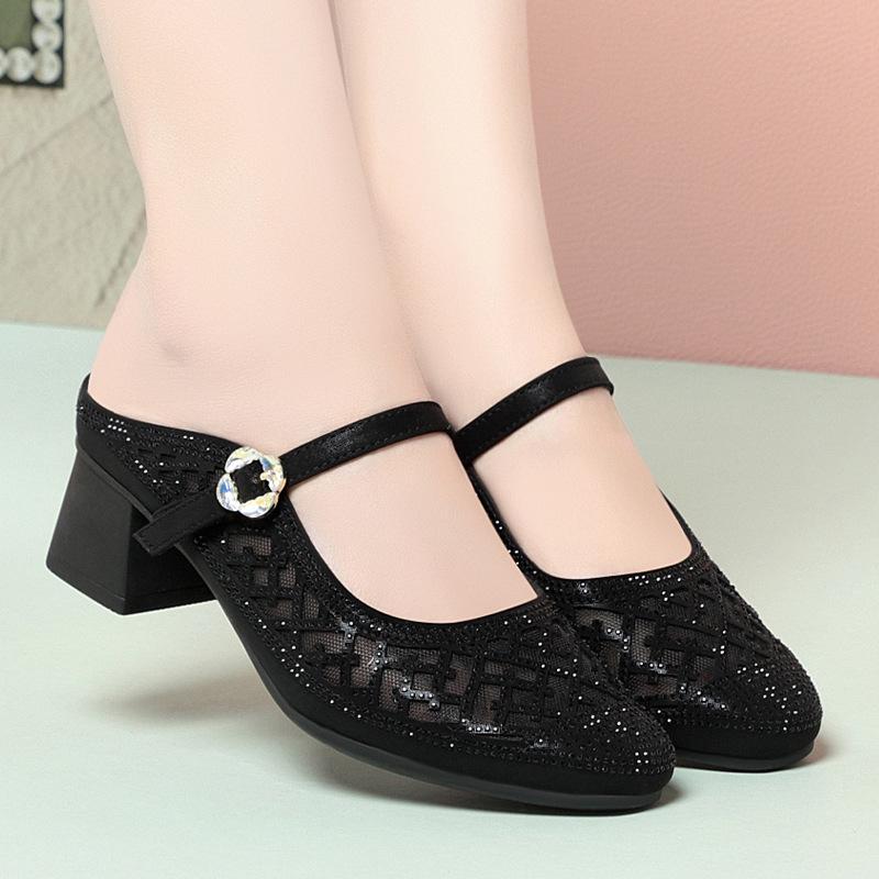 Мода Женская Мода Стразы Дышащая Сетка Средний Каблук Сандалии Лето Однотонные Простые Удобные Массивный Каблук Слипоны Туфли для Мамы