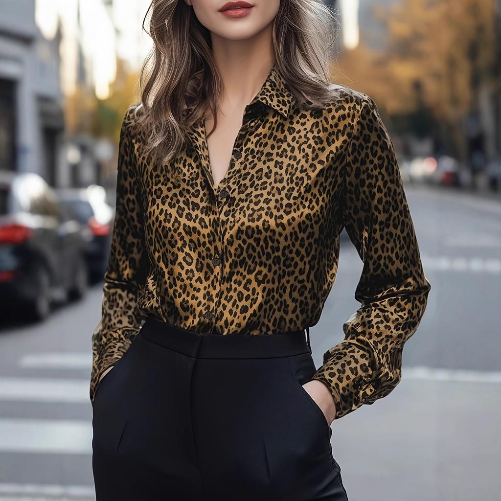 New Autumn Collection: Satin-print Long-sleeved Shirt for Women; Drapey Long-sleeved Base Layer Shirt for Women