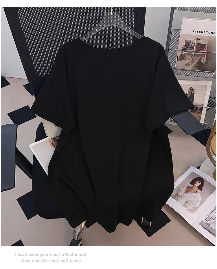 Свободная футболка большого размера средней длины с коротким рукавом для женщин - Круглый вырез, Стройнящий дизайн, Прикрывает живот, Доступна в размерах 200/300/350 цзиней, Стиль 636