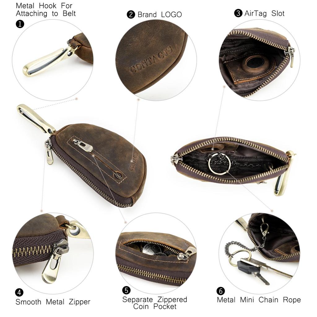 Мужской винтажный кошелек для ключей CONTACT'S из натуральной кожи ручной работы со съемным брелоком для ключей на молнии, держатель для ключей от автомобиля, защита от потери ключей