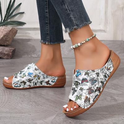 2025 точечная внешняя торговля лето новый рыбий носок танкетка принт бабочки одна педаль танкетка сандалии шлепанцы женские